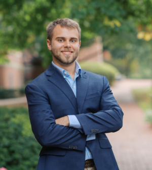 Kiah Shealy standing in front of the Administration Building
